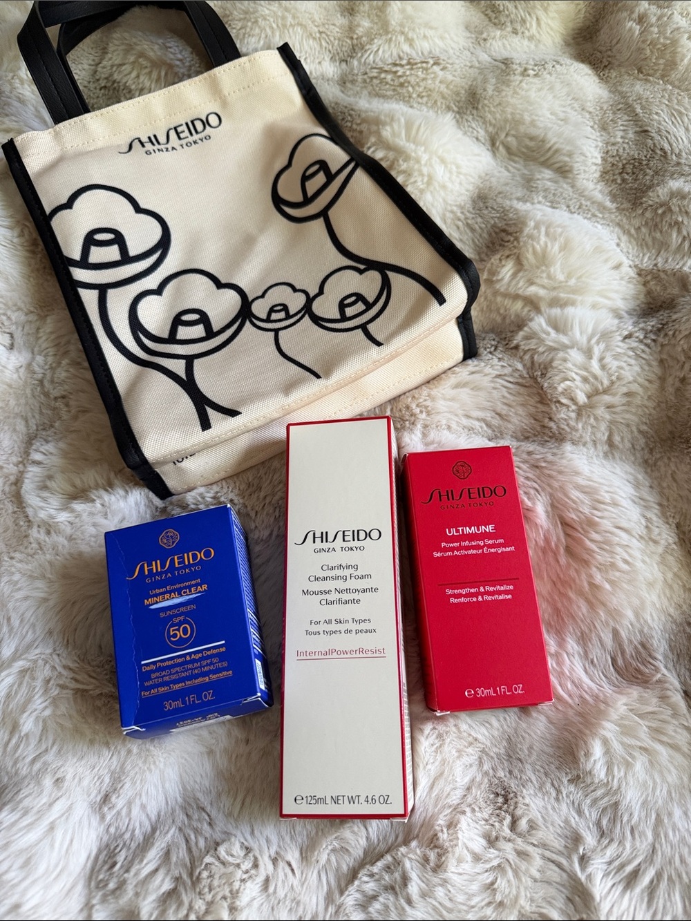 Shiseido Skincare Trio with Cream Tote and Blue, Red, White Boxes